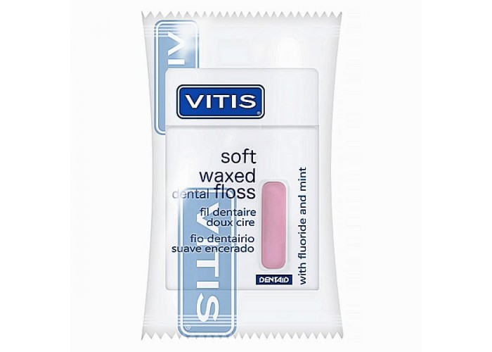 Мягкая зубная нить Vitis с фтором и мятой (розовая) в п/э упаковке 50 м